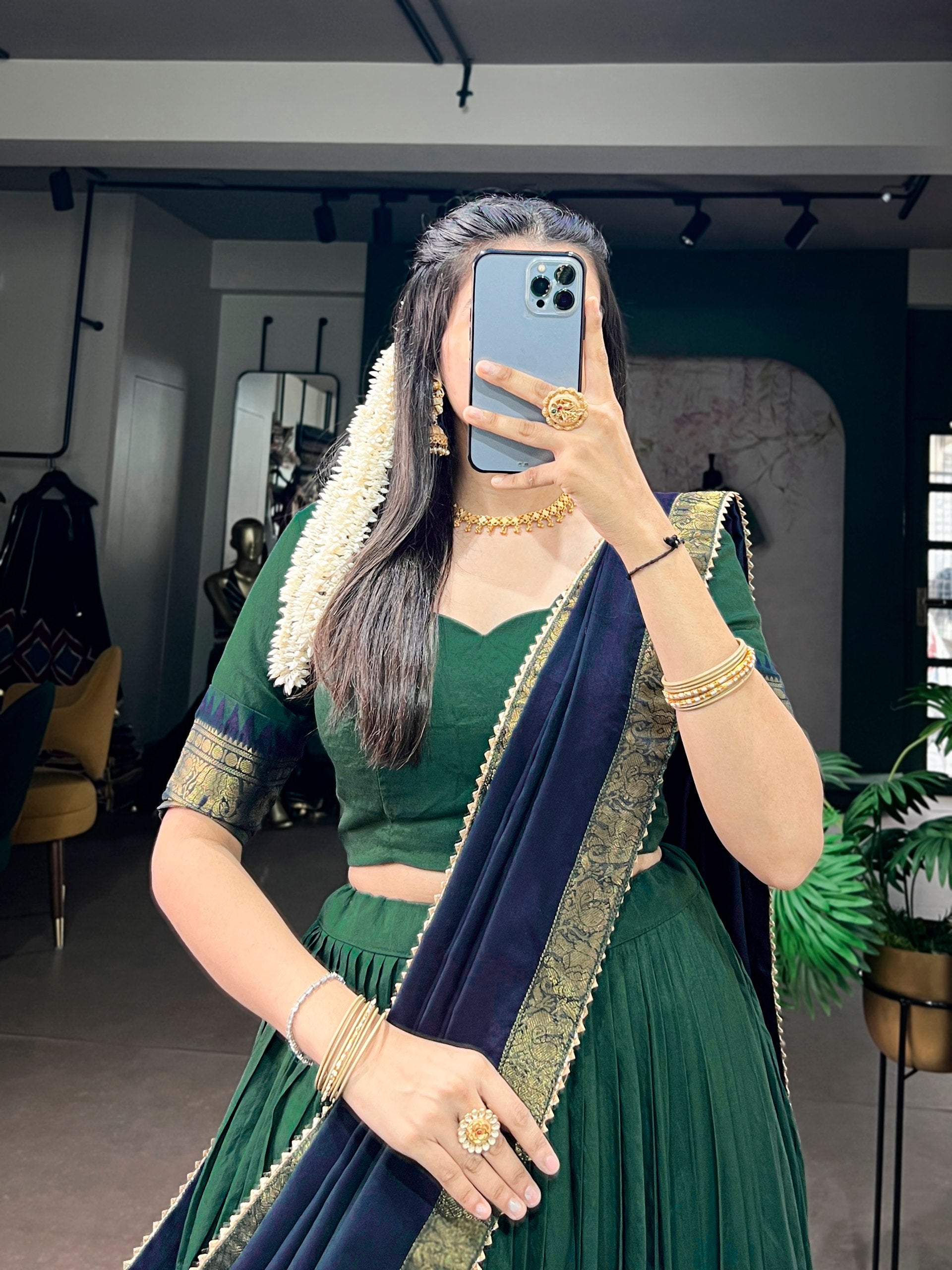 Dark Green & Royal Blue Poly Cotton Lehenga Choli With Zari Woven Border & Canvas Attached
