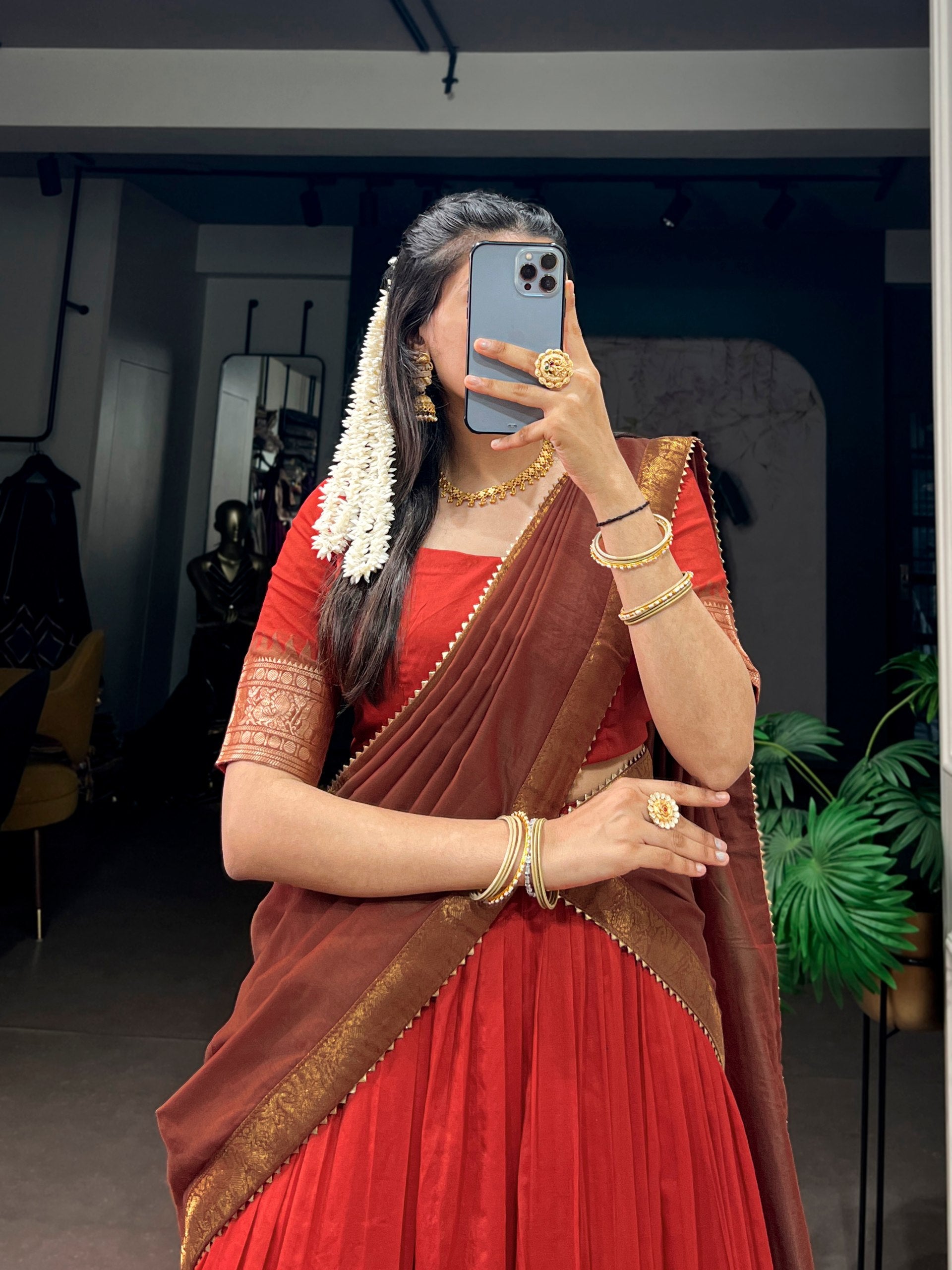 Red & Chestnut Brown Poly Cotton Lehenga Choli With Zari Woven Border & Canvas Attached