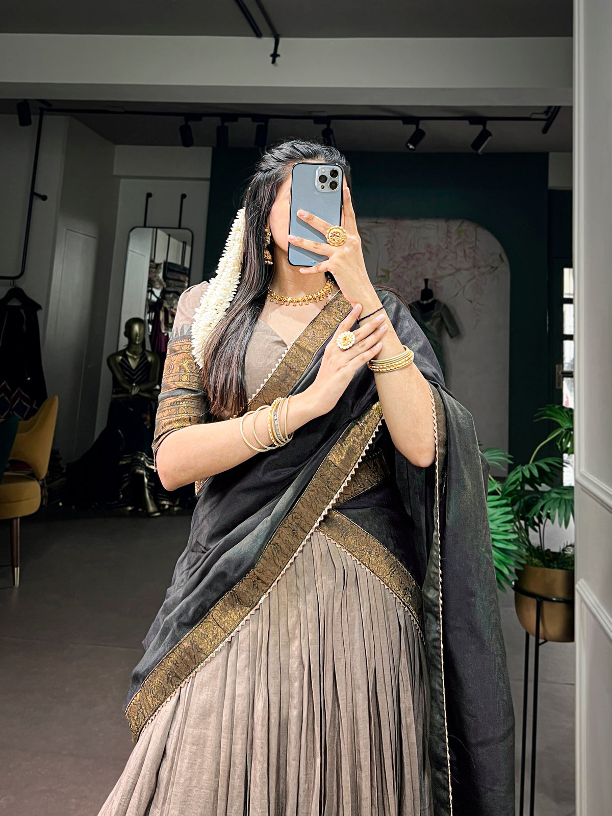 Beige & Charcoal Grey Poly Cotton Lehenga Choli With Zari Woven Border & Canvas Attached