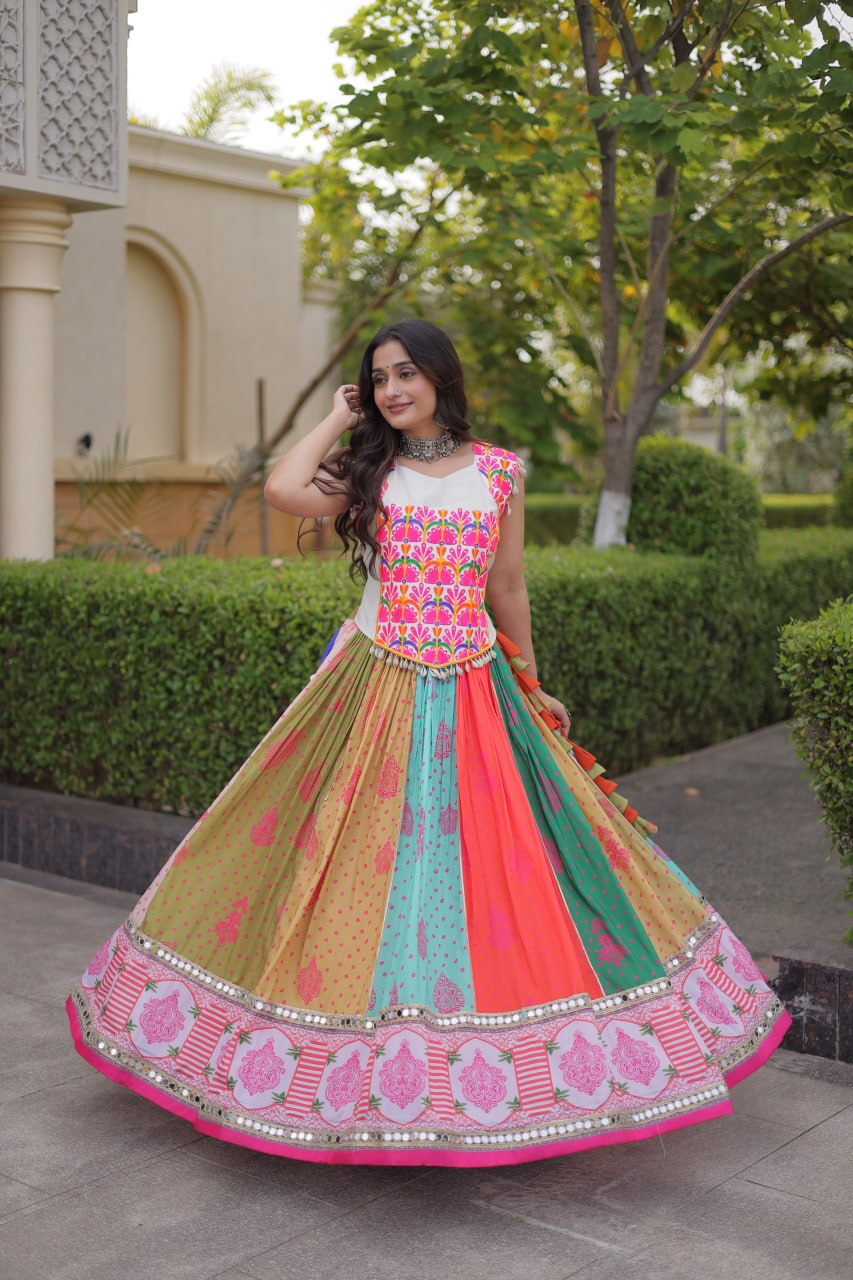 Multicolor Cotton Printed Navratri Lehenga Choli With Real Mirror Work & Tassels