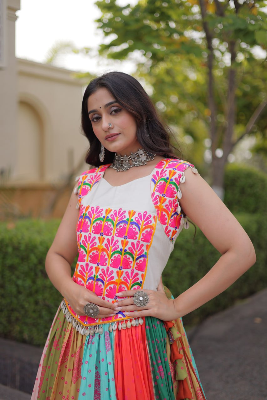Multicolor Cotton Printed Navratri Lehenga Choli With Real Mirror Work & Tassels