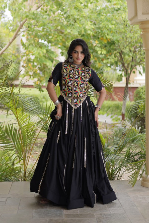 Black Rayon Navratri Lehenga Choli With Multi Mirror Lace Work, Attached Chain Detail & Tassels