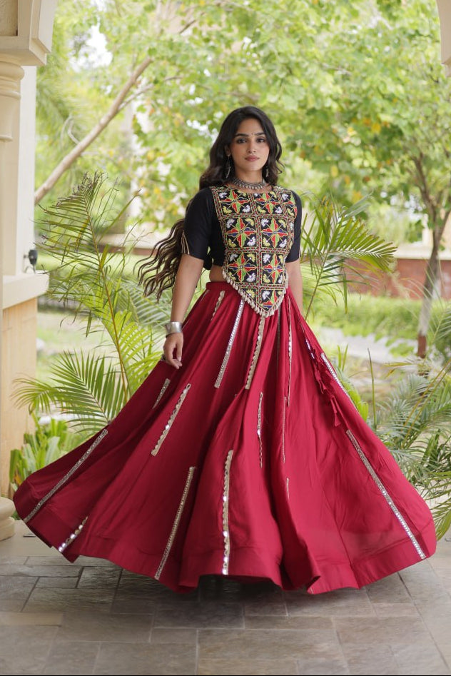 Maroon & Black Rayon Navratri Lehenga Choli With Multi Mirror Lace Work, Attached Chain Detail & Tassels