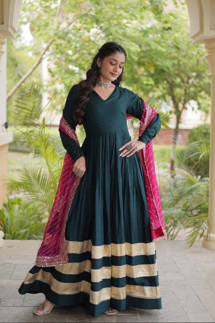 Bottle Green Rayon Navratri Gown With Gota Patti Lace & Pink Leheriya Printed Georgette Dupatta With Zari Embroidery Work