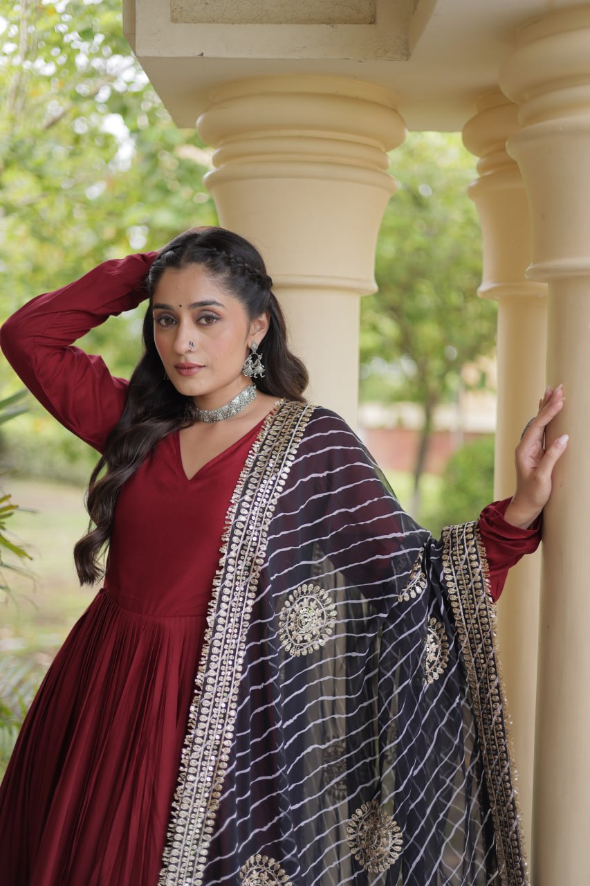 Maroon Rayon Navratri Gown With Gota Patti Lace & Black Leheriya Printed Georgette Dupatta With Zari Embroidery Work
