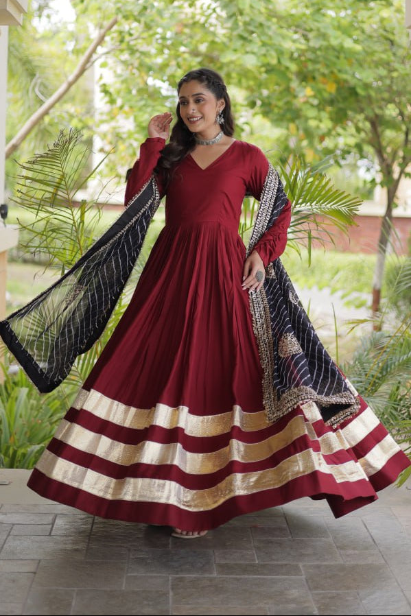 Maroon Rayon Navratri Gown With Gota Patti Lace & Black Leheriya Printed Georgette Dupatta With Zari Embroidery Work