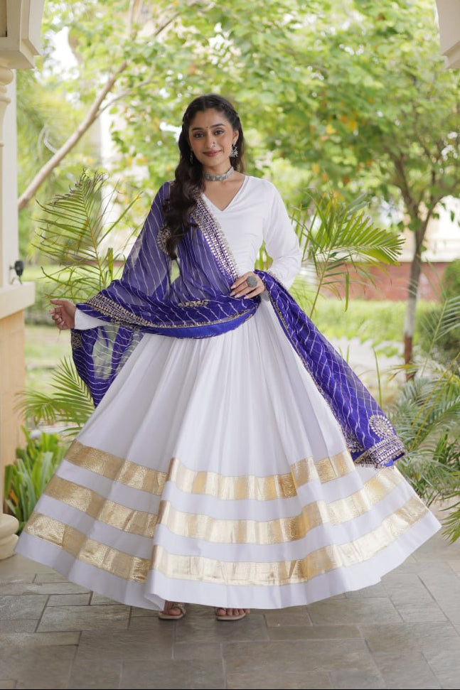 White Rayon Navratri Gown With Gota Patti Lace & Royal Blue Leheriya Printed Georgette Dupatta With Zari Embroidery Work