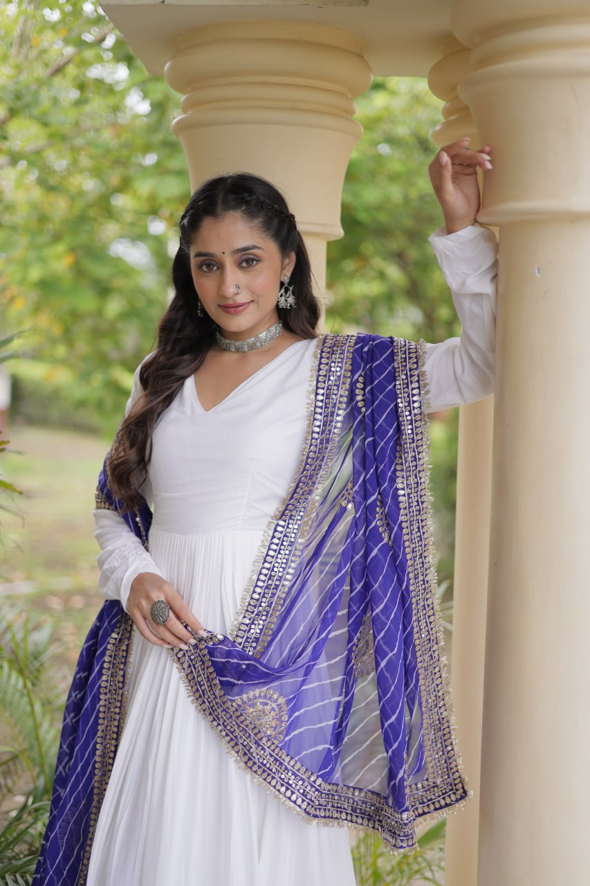 White Rayon Navratri Gown With Gota Patti Lace & Royal Blue Leheriya Printed Georgette Dupatta With Zari Embroidery Work