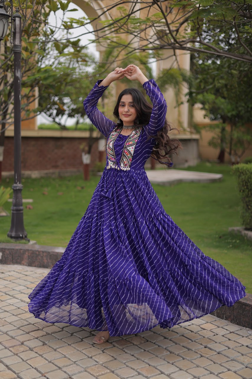 Royal Blue Laheriya Print Faux Georgette Navratri Gown With Kutchi Patchwork Yoke & Shell Tassels