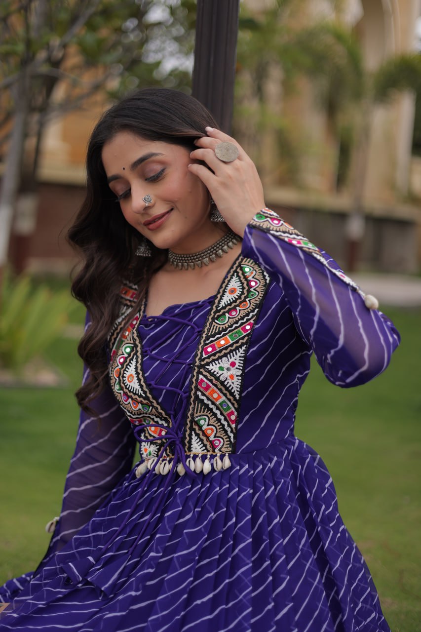 Royal Blue Laheriya Print Faux Georgette Navratri Gown With Kutchi Patchwork Yoke & Shell Tassels