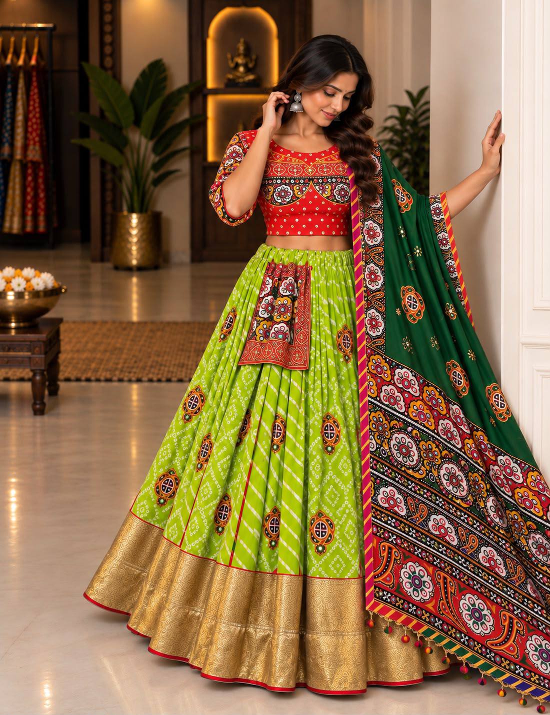 Lime Green & Red Heavy Muslin Cotton Digital Bandhani Print Real Mirror Work With Golden Lampi Lace Border Navratri Special Chaniya Choli Set