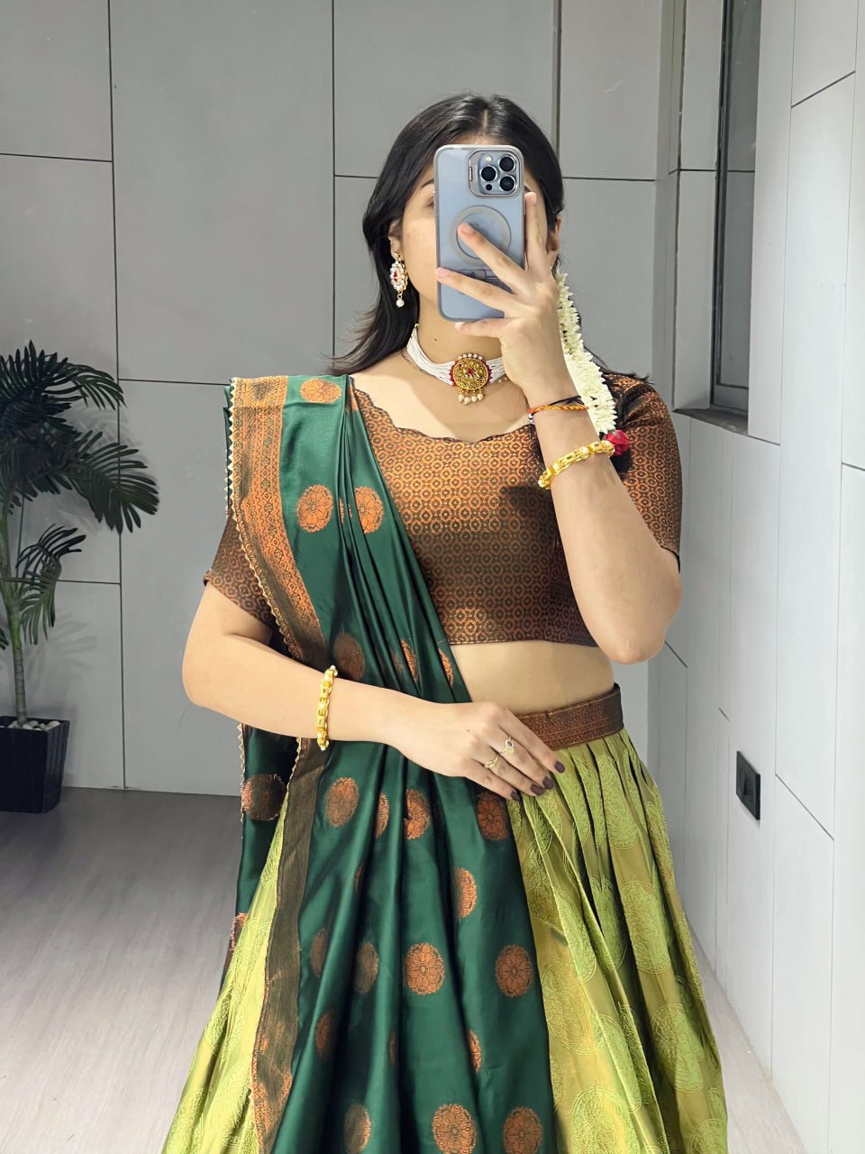 Pista Green Narayanpet Silk Half Saree – Traditional Zari Weaving Langa Voni Set