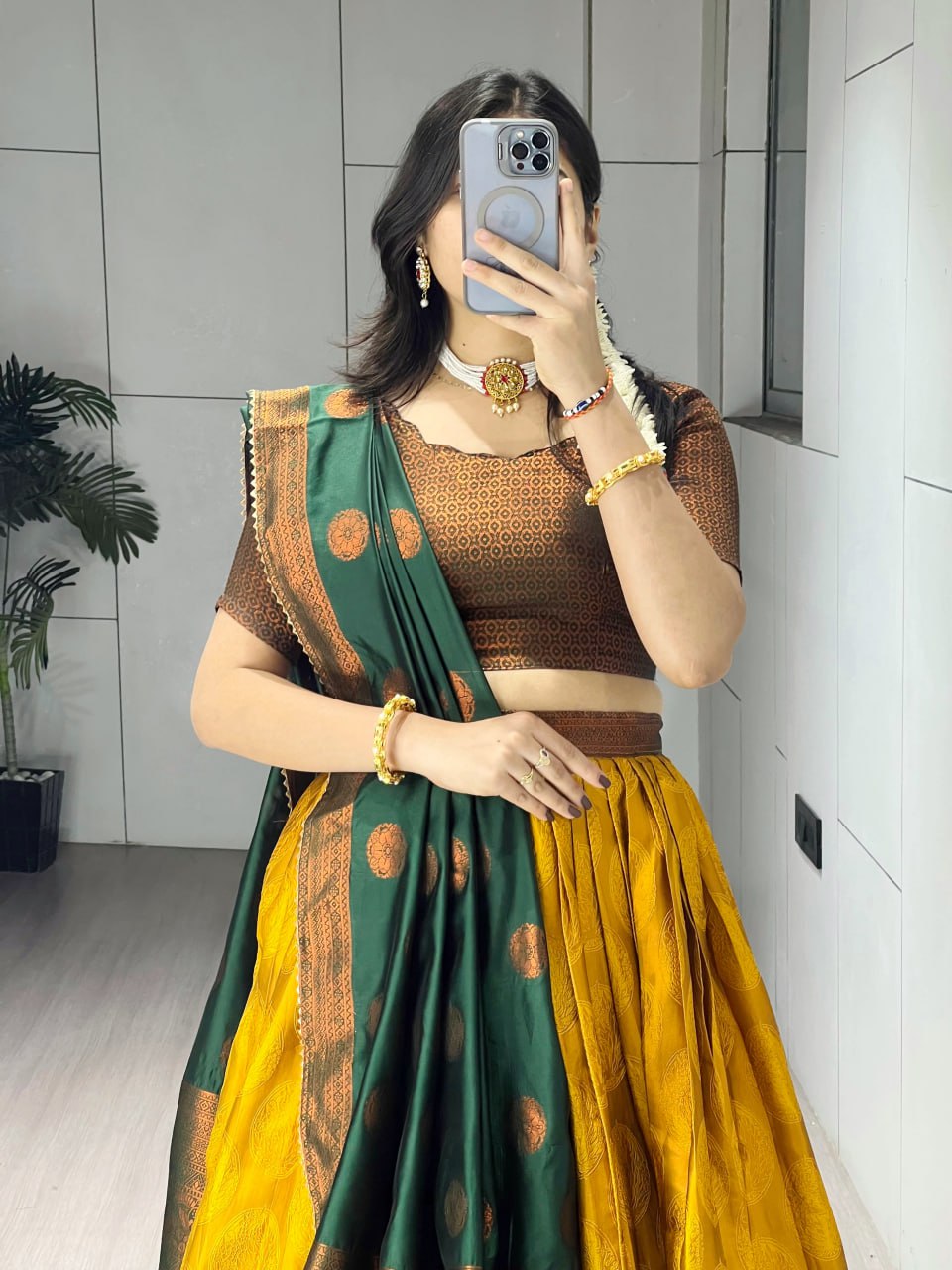 Mustard Narayanpet Silk Half Saree – Traditional Zari Weaving Langa Voni Set