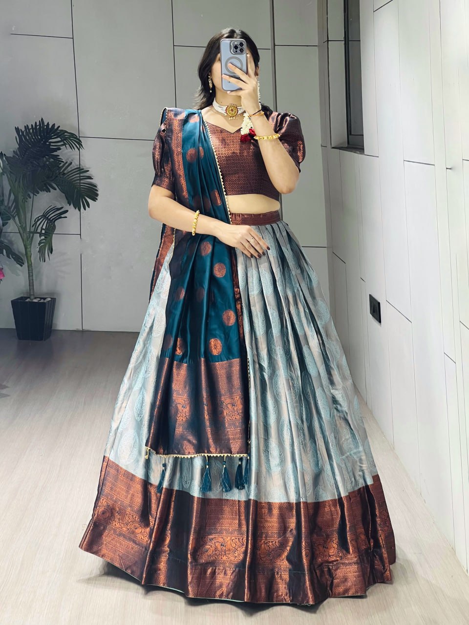 Teal Blue Narayanpet Silk Half Saree with Traditional Gold Zari Weaving Border by The Beauty Queen Surat