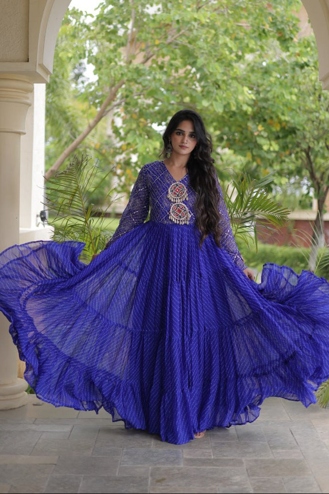 Royal Blue Laheriya Print Faux Georgette Tiered Anarkali Gown With Kutchi Patchwork & Shell Tassels Navratri Special Gown