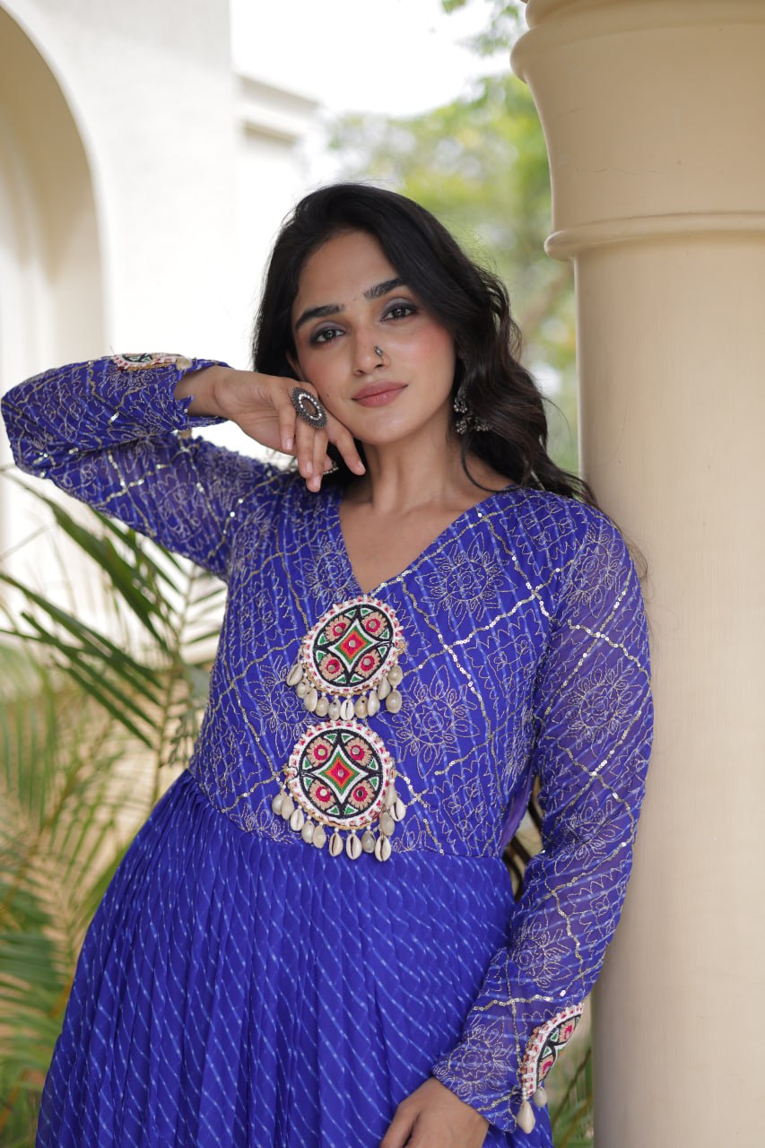 Royal Blue Laheriya Print Faux Georgette Tiered Anarkali Gown With Kutchi Patchwork & Shell Tassels Navratri Special Gown