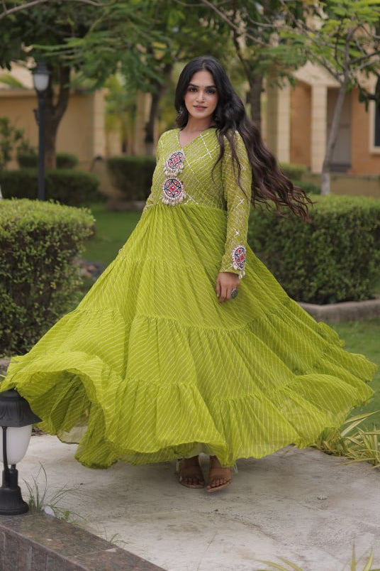 Lime Green Laheriya Print Faux Georgette Tiered Anarkali Gown With Kutchi Patchwork & Shell Tassels Navratri Special Gown