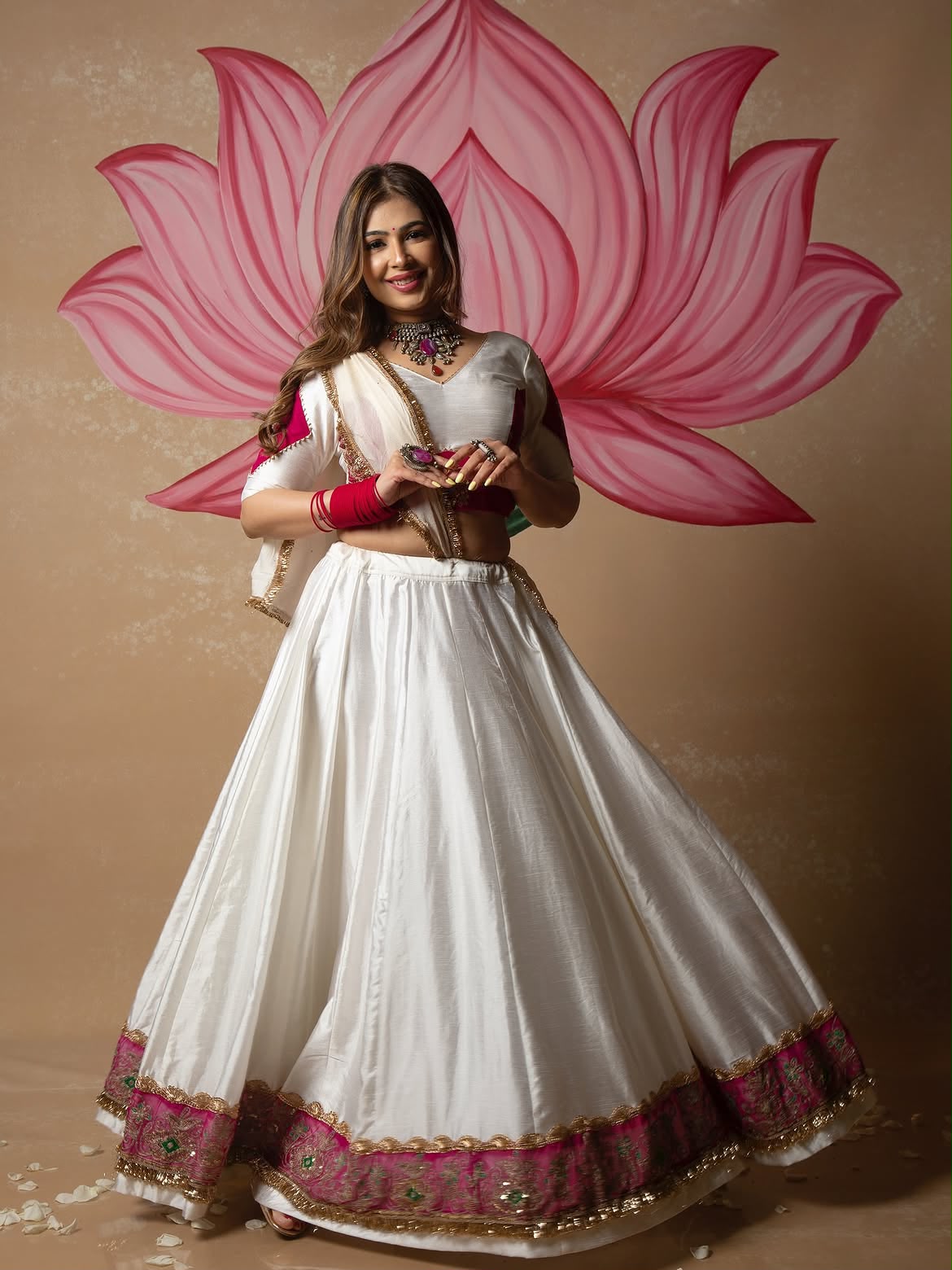 Off-White Chinon Silk Heavy Embroidery & Fancy Lace Work Flared Lehenga Choli Set With Magenta Border