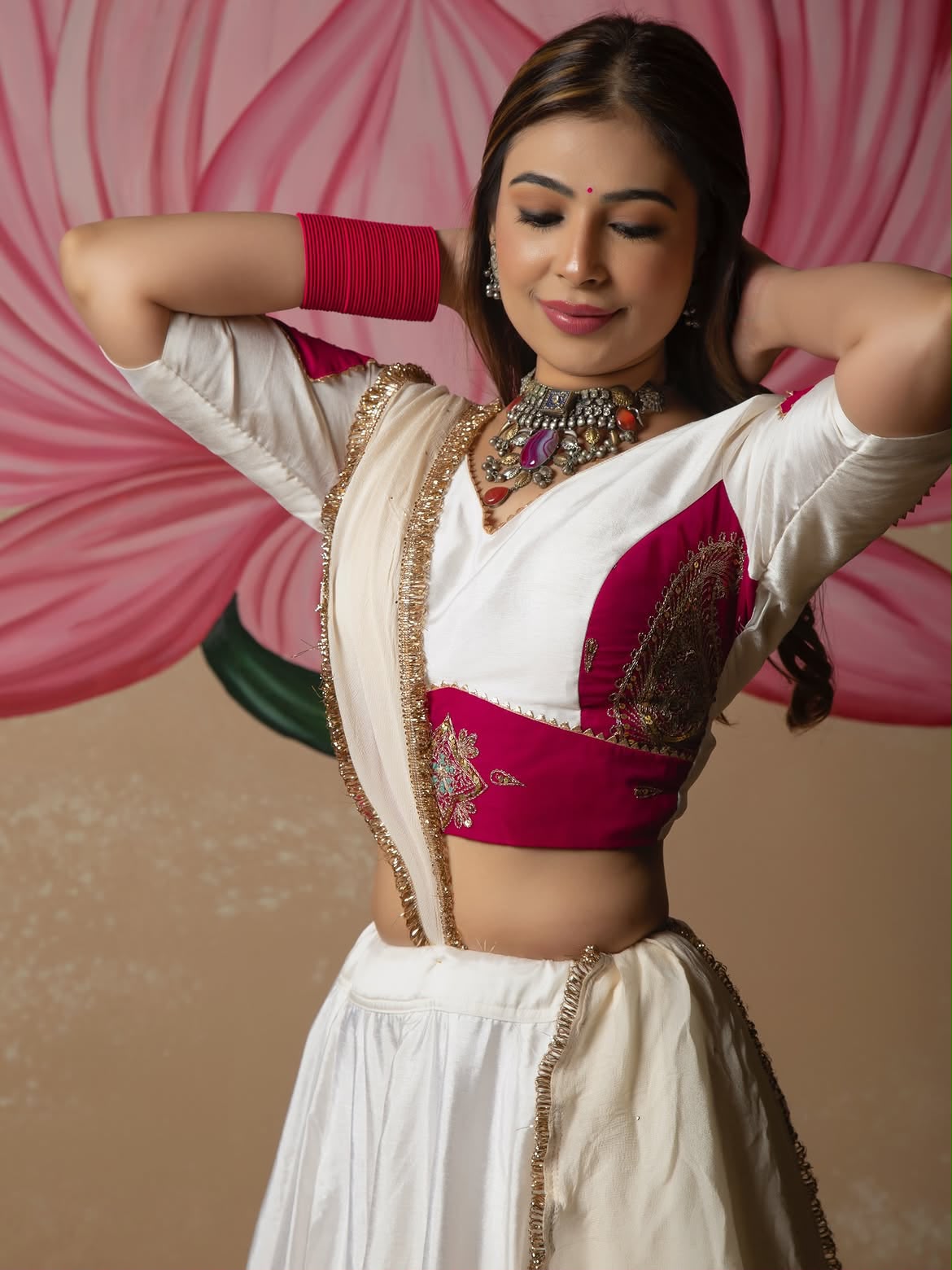 Off-White Chinon Silk Heavy Embroidery & Fancy Lace Work Flared Lehenga Choli Set With Magenta Border