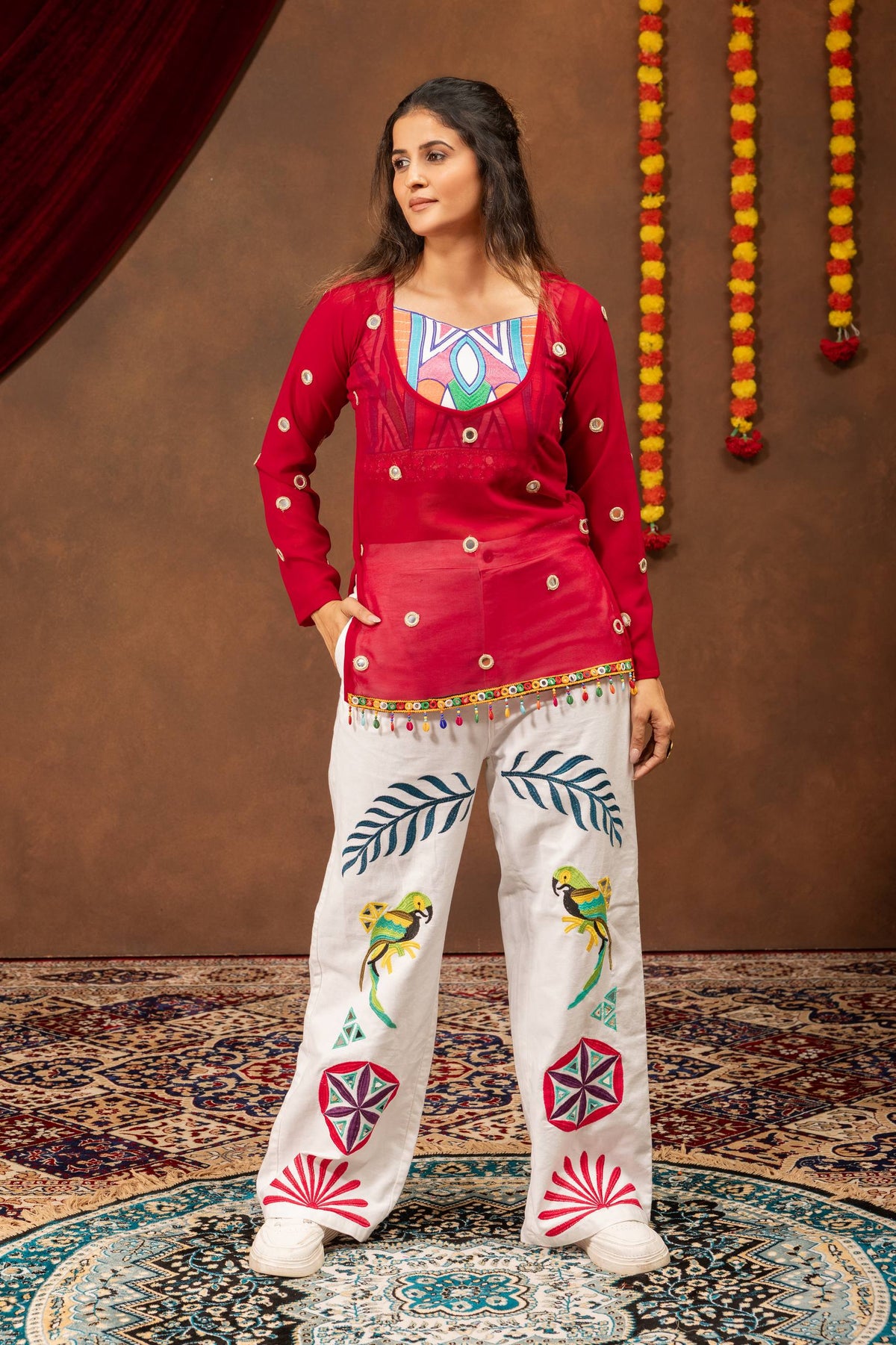 Red Faux Georgette Mirror Hand-Work Top With White Pure Cotton Denim Embroidered Pants Navratri Fusion Set