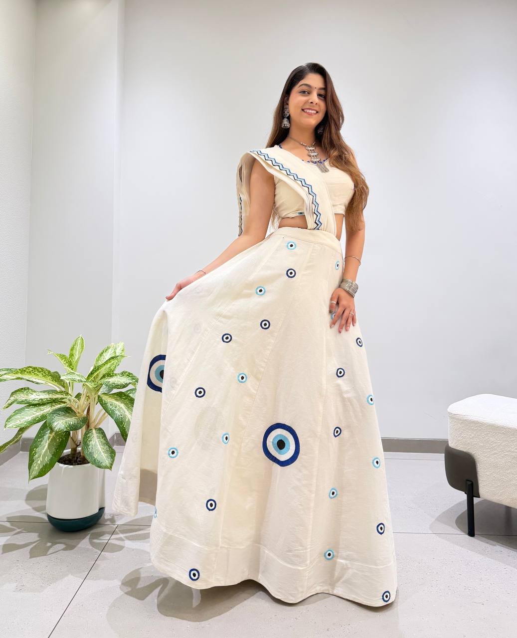 Off-White Kora Cotton Evil Eye Embroidered Full Flared Navratri Lehenga Choli With Chevron Border Dupatta