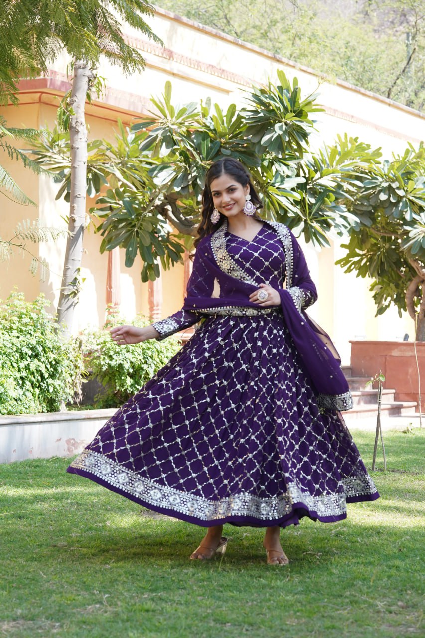 Purple Color Faux Blooming with Sequins Embroidered Work Gown