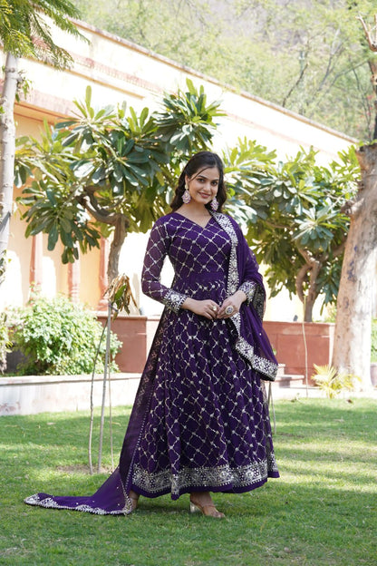 Purple Color Faux Blooming with Sequins Embroidered Work Gown