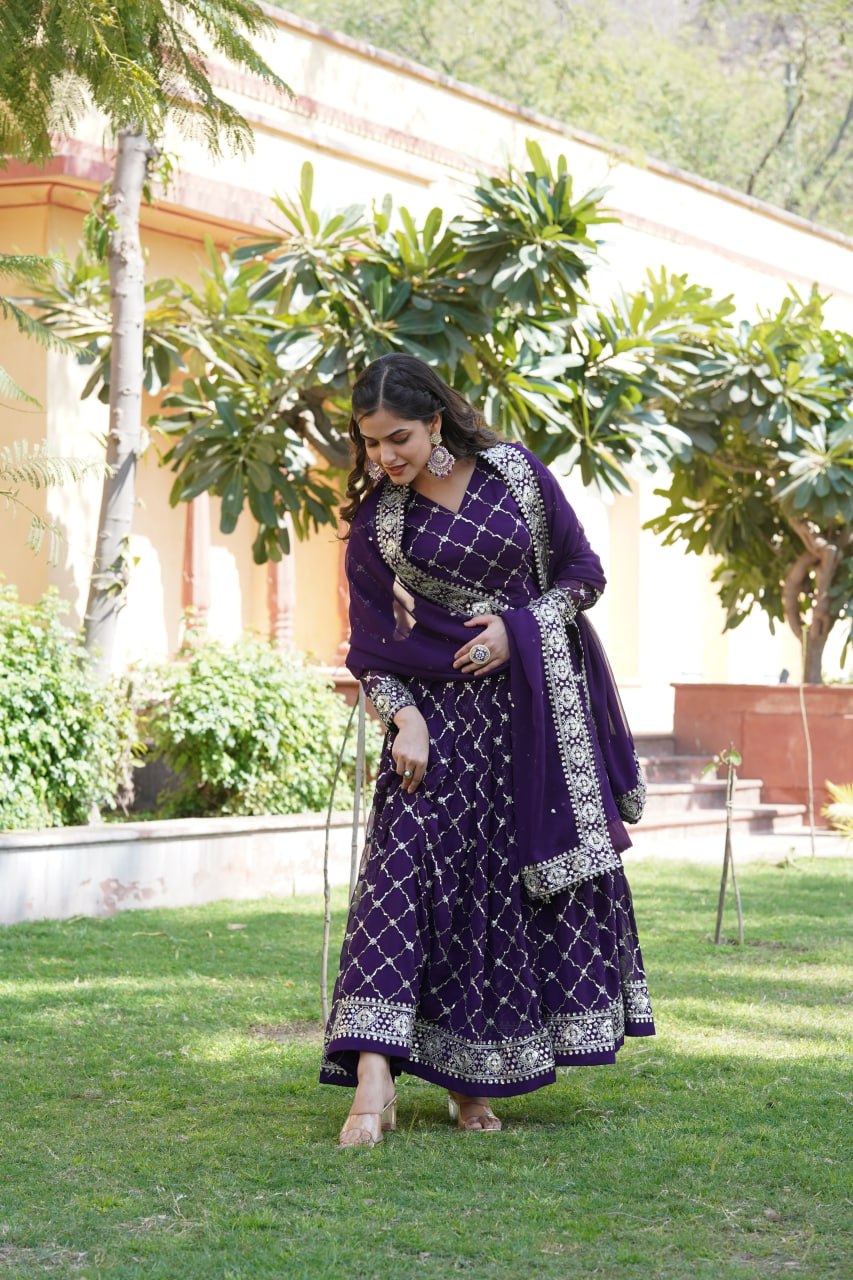 Purple Color Faux Blooming with Sequins Embroidered Work Gown