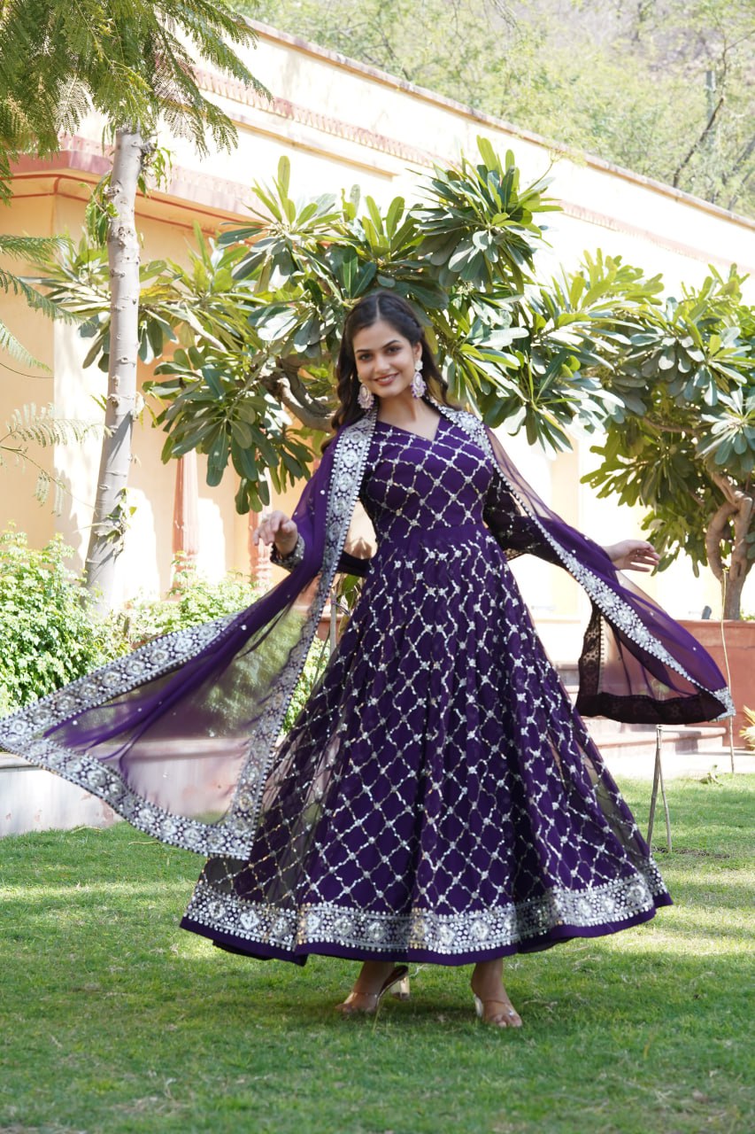 Purple Color Faux Blooming with Sequins Embroidered Work Gown