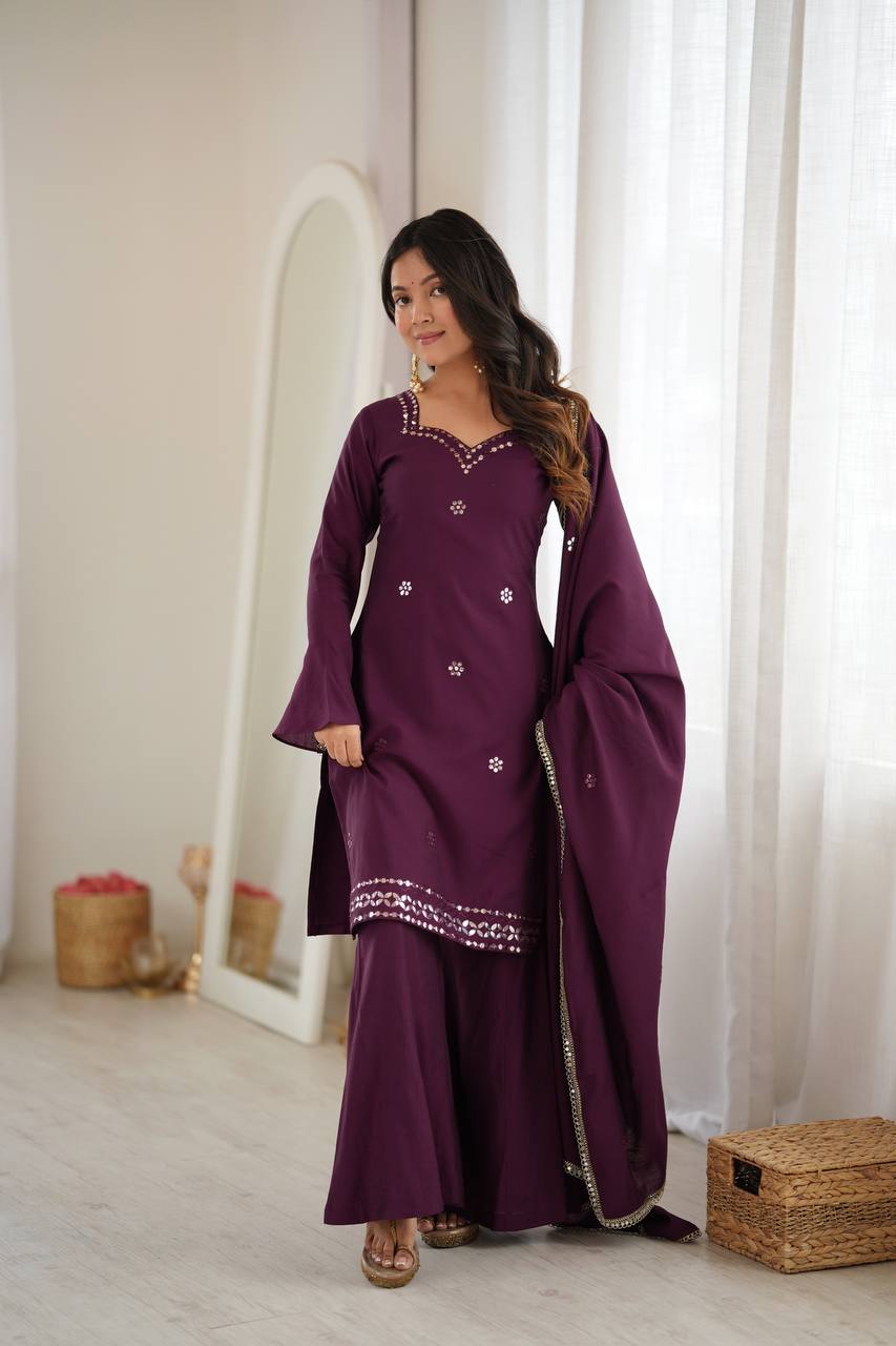 Wine Purple Roman Silk Foil Paper Mirror Embroidery Kurti With Sharara & Dupatta Suit Set