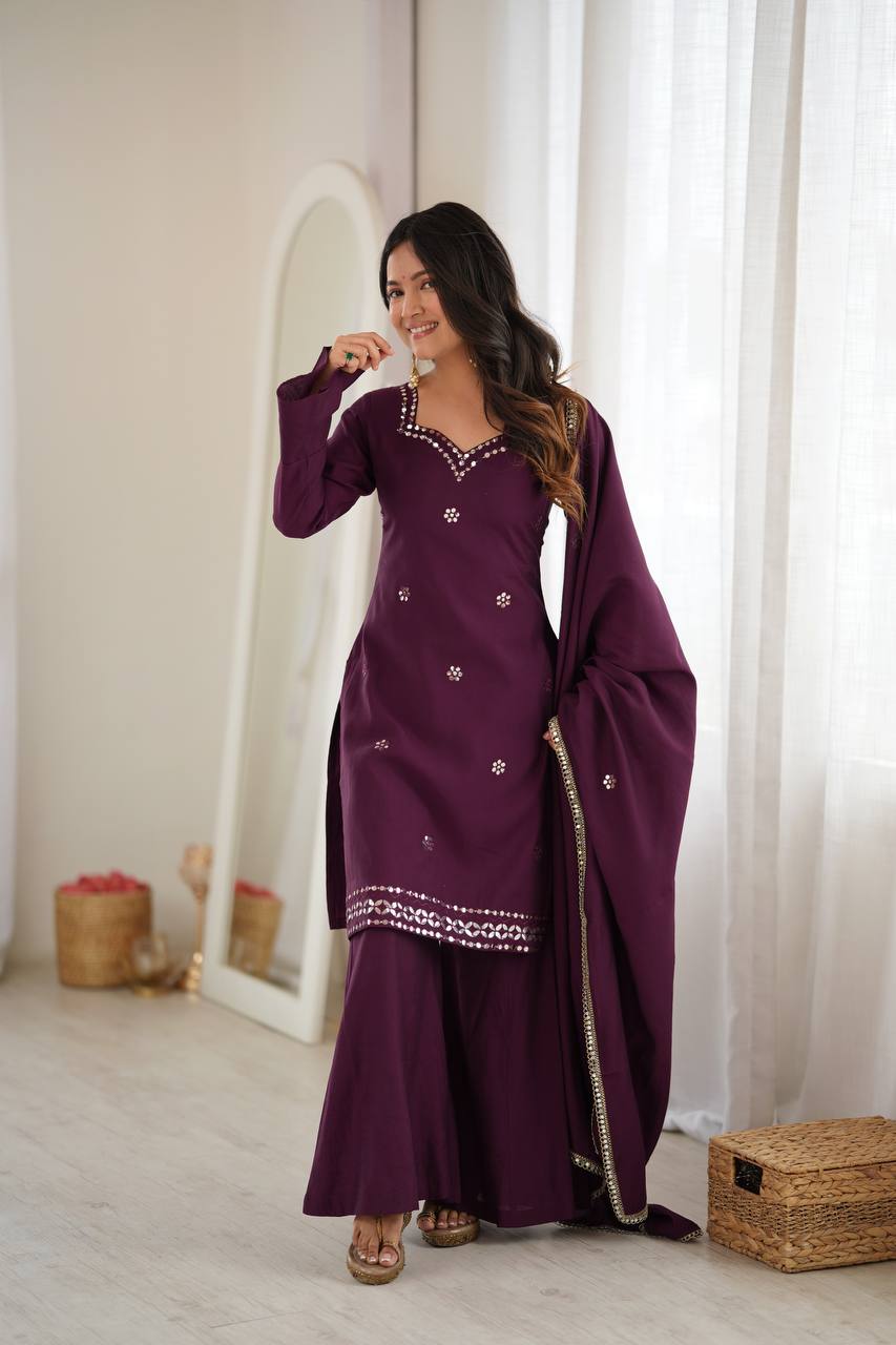 Wine Purple Roman Silk Foil Paper Mirror Embroidery Kurti With Sharara & Dupatta Suit Set