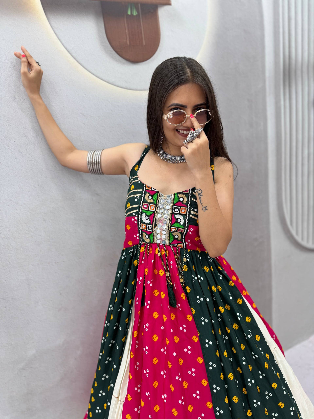 Dark Green & Pink Bandhej Print Gamthi Work & Real Mirror Work Navratri Special Flared Lehenga Choli Set
