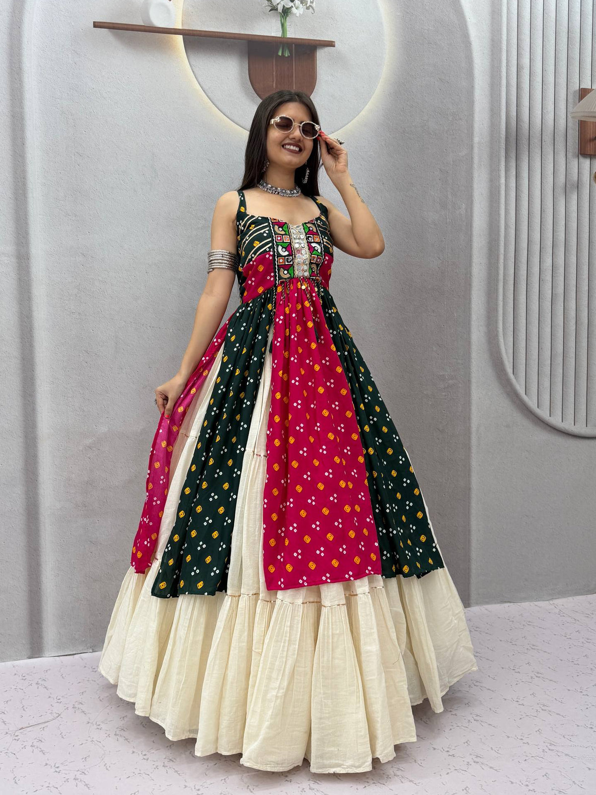 Dark Green & Pink Bandhej Print Gamthi Work & Real Mirror Work Navratri Special Flared Lehenga Choli Set