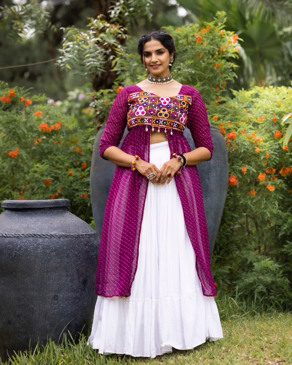 White pure rayon cotton plain frill pattern Navratri lehenga with micro cotton inner, wine Kutchi mirror embroidered blouse with cowrie shells, and wine leheriya long shrug