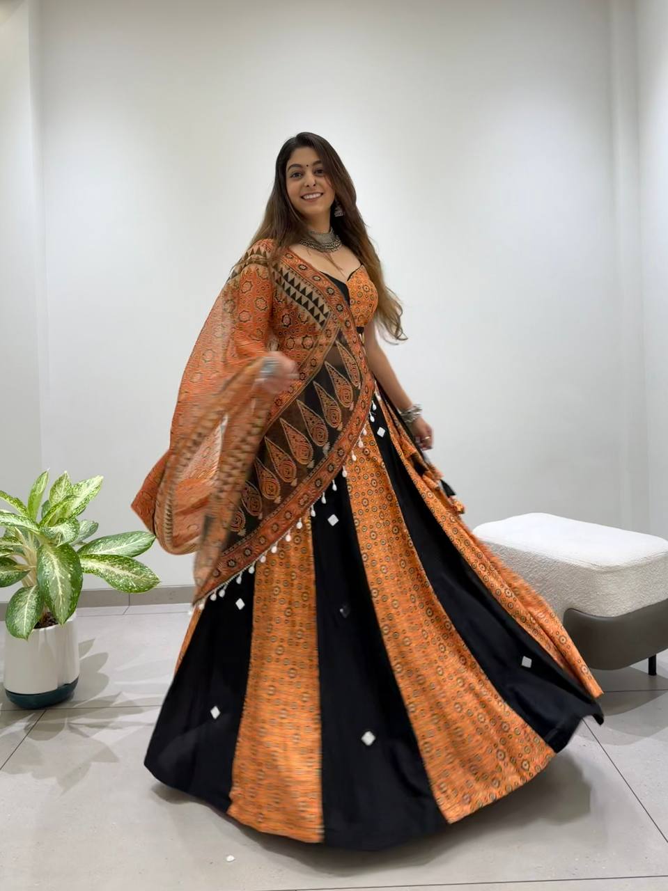 Black & Coral Pink Printed Rayon Embroidery With Real Mirror Work Navratri Lehenga Choli Set With Dupatta (Copy)