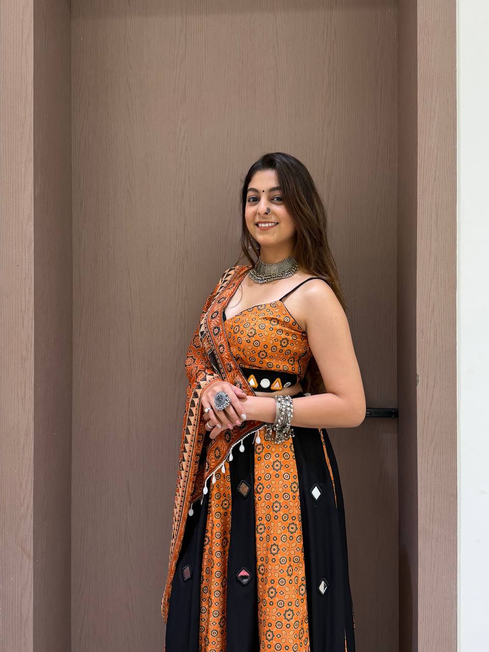 Black & Coral Pink Printed Rayon Embroidery With Real Mirror Work Navratri Lehenga Choli Set With Dupatta (Copy)