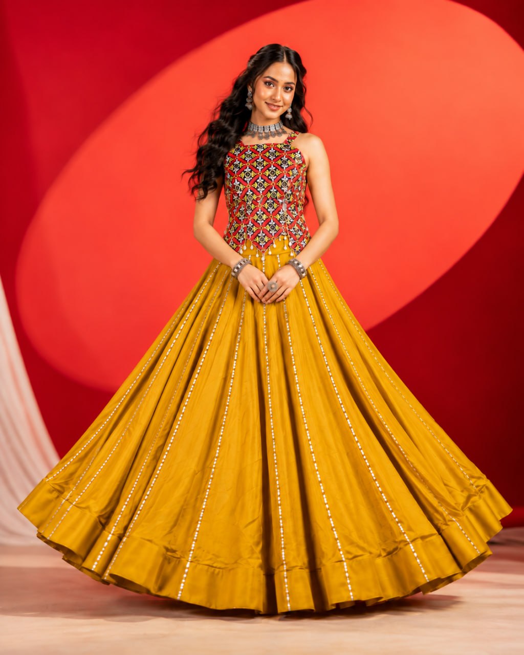 Mustard Yellow Pure Rayon Cotton Flared Kalidar Navratri Lehenga Set With Mirror & Thread Embroidered Blouse