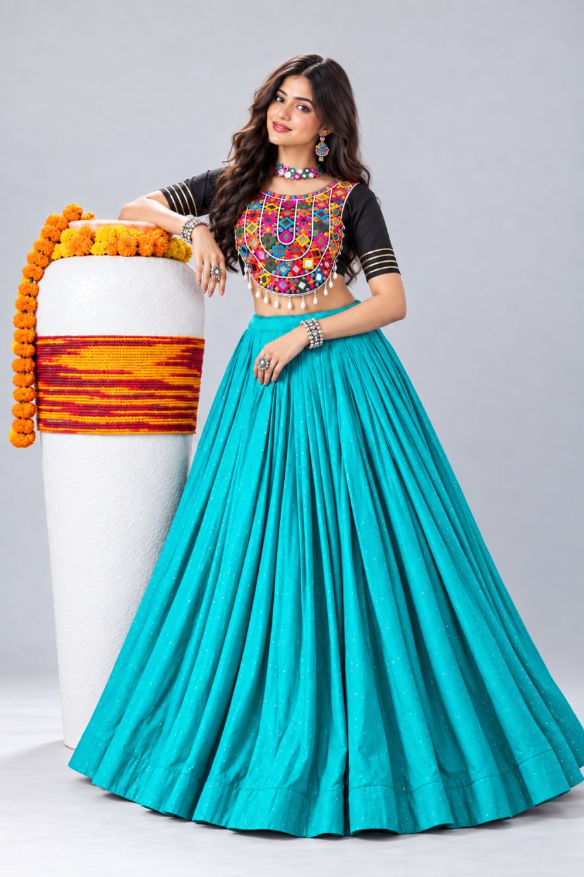 Turquoise Blue Pure Rayon Cotton Premium All-Over Diamond Stone Work Flared Navratri Lehenga Choli Set With Embroidered Kutchi Mirror Work Blouse