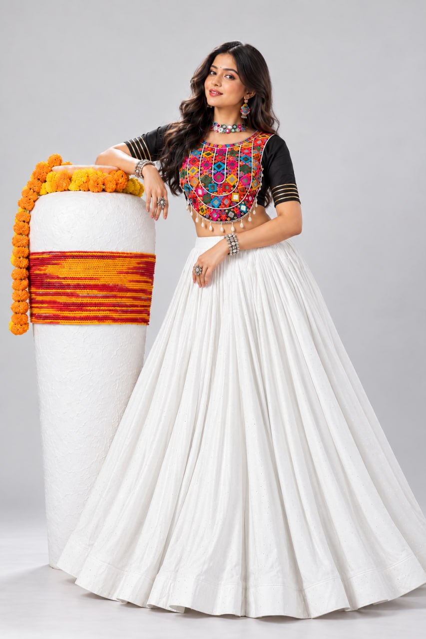 Pristine White Pure Rayon Cotton Premium All-Over Diamond Stone Work Flared Navratri Lehenga Choli Set With Embroidered Kutchi Mirror Work Blouse