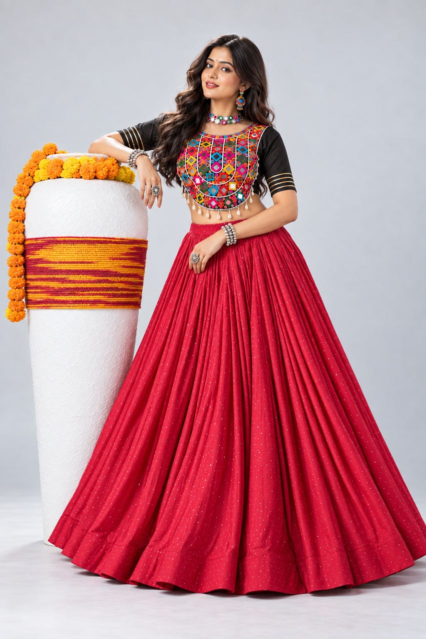 Rani Pink Pure Rayon Cotton Premium All-Over Diamond Stone Work Flared Navratri Lehenga Choli Set With Embroidered Kutchi Mirror Work Blouse