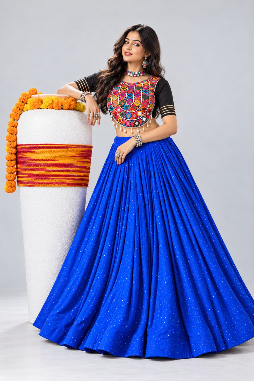 Royal Blue Pure Rayon Cotton Premium All-Over Diamond Stone Work Flared Navratri Lehenga Choli Set With Embroidered Kutchi Mirror Work Blouse