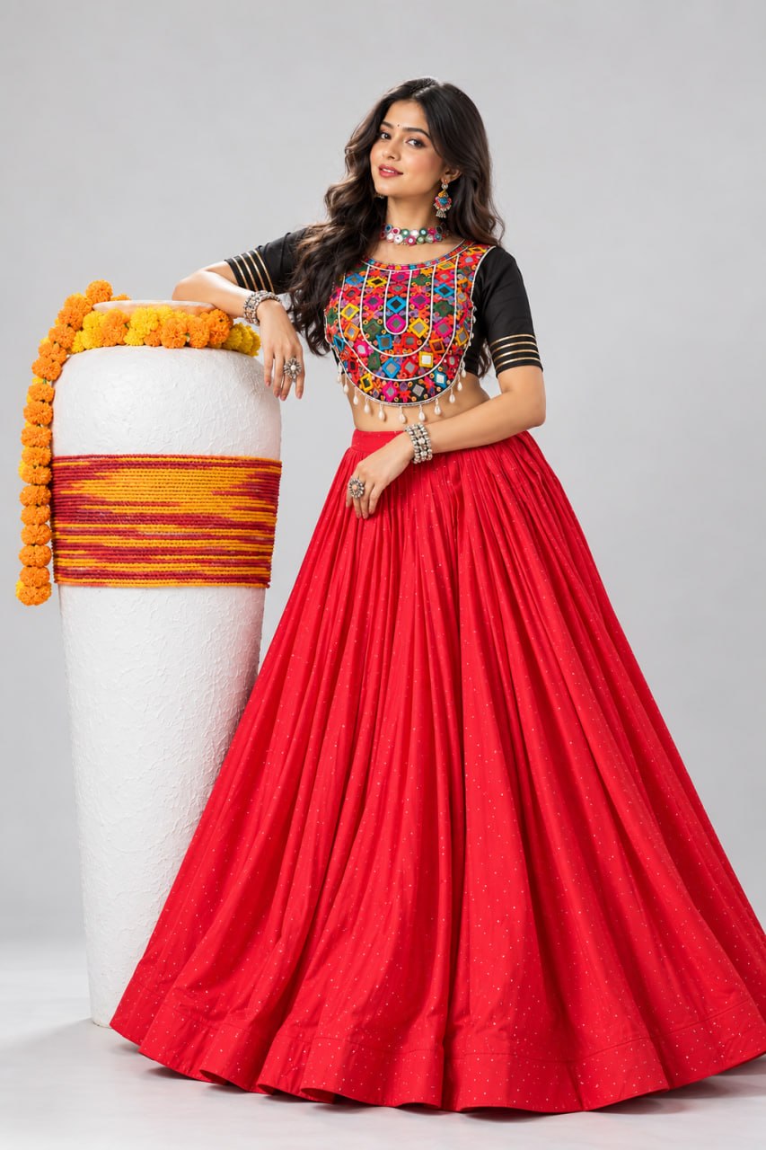 Vibrant Red Pure Rayon Cotton Premium All-Over Diamond Stone Work Flared Navratri Lehenga Choli Set With Embroidered Kutchi Mirror Work Blouse