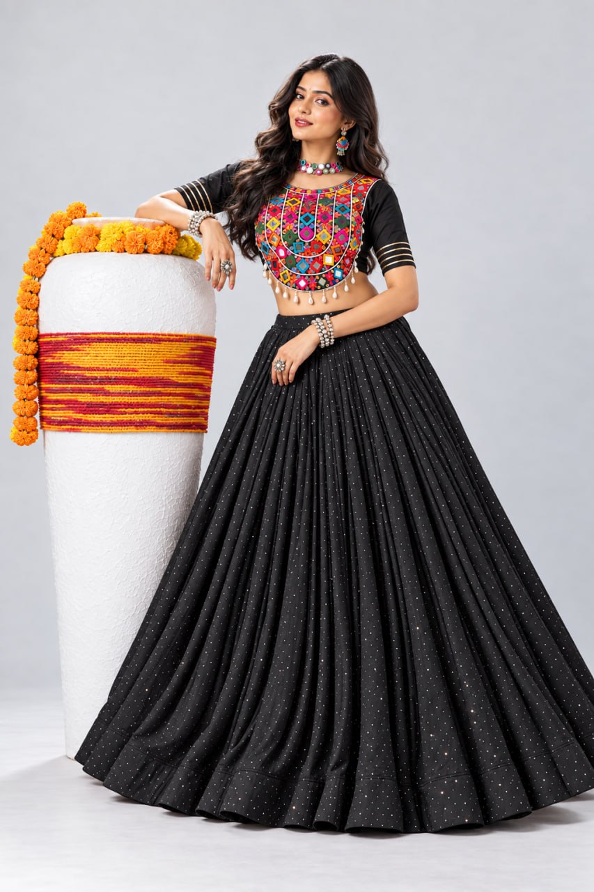 Jet Black Pure Rayon Cotton Premium All-Over Diamond Stone Work Flared Navratri Lehenga Choli Set With Embroidered Kutchi Mirror Work Blouse
