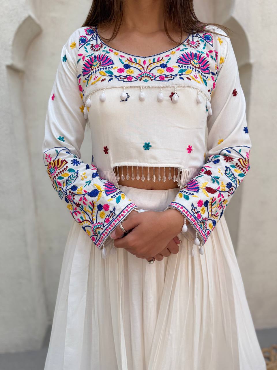 Off-White Rayon Thread Embroidery & Gota Patti Work Tiered Navratri Lehenga Choli Set With Long Front-Slit Top
