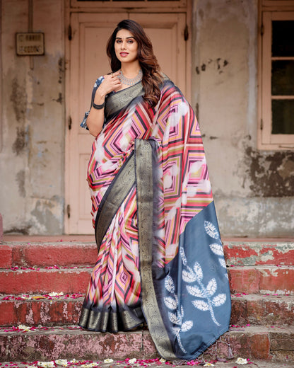 PURE SILK DIGITALLY PRINTED SAREE WEAVED WITH GOLDEN ZARI COMES WITH TASSELS