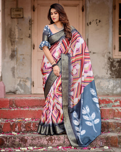 PURE SILK DIGITALLY PRINTED SAREE WEAVED WITH GOLDEN ZARI COMES WITH TASSELS