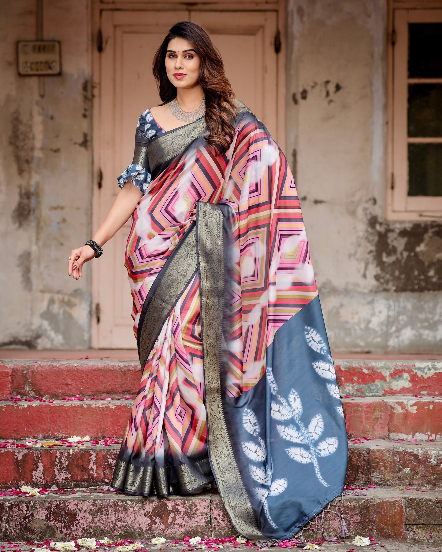 PURE SILK DIGITALLY PRINTED SAREE WEAVED WITH GOLDEN ZARI COMES WITH TASSELS