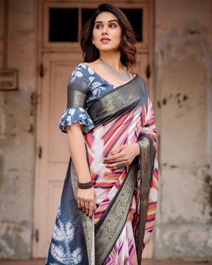 PURE SILK DIGITALLY PRINTED SAREE WEAVED WITH GOLDEN ZARI COMES WITH TASSELS