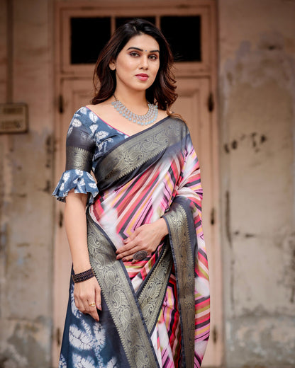 PURE SILK DIGITALLY PRINTED SAREE WEAVED WITH GOLDEN ZARI COMES WITH TASSELS