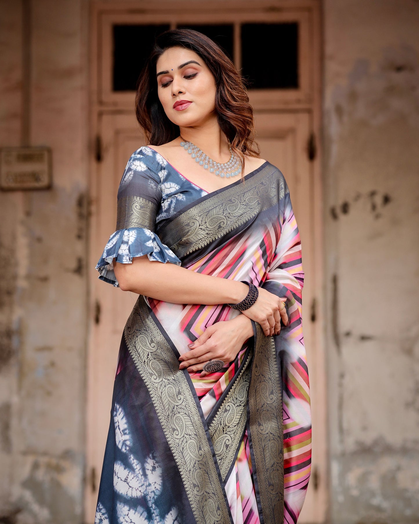 PURE SILK DIGITALLY PRINTED SAREE WEAVED WITH GOLDEN ZARI COMES WITH TASSELS